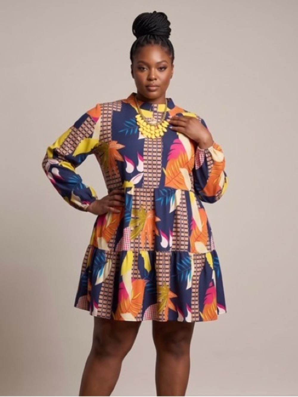 Print Tiered Mini Dress in Navy with Multicolor Tropical Motif